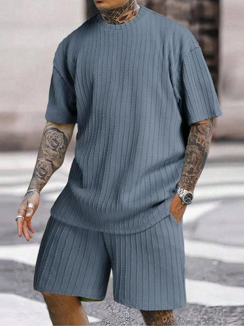 Two-Piece Set Men'S Solid Textured Drop Shoulder Short Sleeve Tee & Drawstring Waist Shorts Set, Spring & Summer Clothes, Back to School Loose Casual Fashion Crew Neck T-Shirt & Pocket Shorts for Daily Outdoor Wear, Men Outfits, Fall Outfits