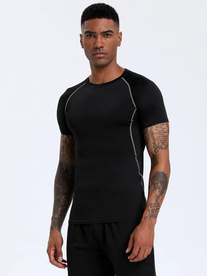 Men'S Contrast Binding round Neck Compression Sports Tee, Athletic Clothes, Quick Drying Breathable Crew Neck Short Sleeve T-Shirt for Running Gym Workout, Compression Shirts, Fall Outfits, Casual Sporty Top, Fallfreshness Clothes