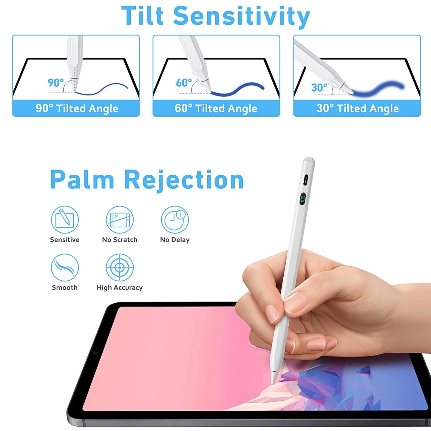 Stylus Pen for Ipad with Power Display,Apple Pencil,Ipad Pencil 2Nd Generation,Palm Rejection Tilt Sensor,Compatible with 2018-2022 Ipad Pro 11"/12.9,Ipad 10/9/8/7/6,Ipad Mini 5/6,Ipad Air3/4/5-White