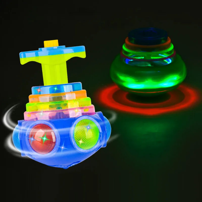 UFO Flashing Spinning Top Kids Gyro Light up Toy Kids Piggy LED Music Gyroscope Launcher Rotating Toys Fun Birthday Party Favors